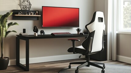 Poster - Gaming workspace with black and white chair, TV showing a vivid red screen, black desk with keyboard, mouse, and plant creating a balanced atmosphere.
