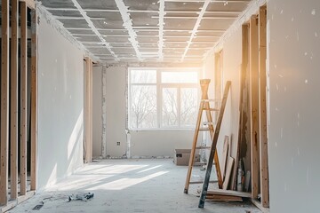 Empty room in the process of drywalling and construction, with materials scattered around. The walls have plasterboard panels being installed onto metal studs. Stepladders stand against the wall