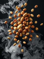 An energetic display of various nuts suspended in mid-air with swirling white smoke against a dark backdrop creating a sense of dynamic movement and culinary delight Smoke Explosion Backdrop