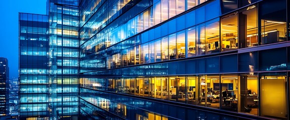 Wall Mural - Modern office building with illuminated windows at night.