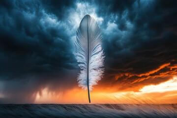 Wall Mural - A lone bird feather suspended in the wind against a dramatic sky, with a storm brewing in the background, representing the balance between peace and chaos.