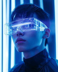 an Asian man wearing futuristic transparent glasses 