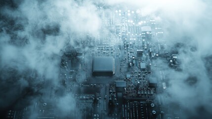 Poster - A close-up view of a circuit board shrouded in fog, showcasing intricate electronic components.
