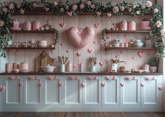 Poster - A backdrop featuring a white and pink valentine themed kitchen with cabinets, shelves on the sides, a wooden background, a garland, valentines decorations on the cabinets, and wooden utensils.