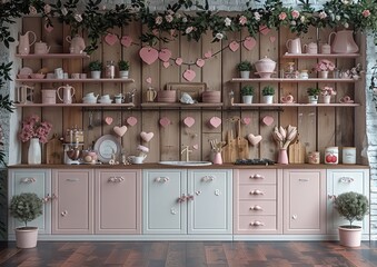 Poster - A backdrop featuring a white and pink valentine themed kitchen with cabinets, shelves on the sides, a wooden background, a garland, valentines decorations on the cabinets, and wooden utensils.