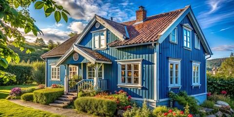 Charming Scandinavian architecture featuring a vintage blue house facade set in a picturesque environment, revealing the enchanting allure of