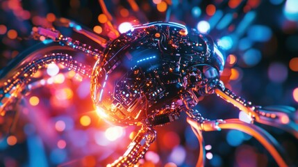 Poster - A futuristic robotic creature with glowing circuits and wires in a vibrant, abstract environment.