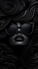 Wall Mural - A woman with long hair and sunglasses is the main subject of the image. The photo is black and white, and the woman's face is the focal point. The sunglasses give her a cool, mysterious vibe