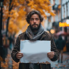 Poster - A nice man with a white sign in his hands, an autumn street with a pleasant atmosphere.