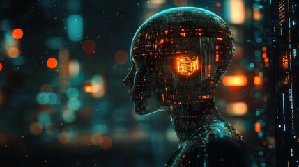 Poster - A futuristic robotic head with glowing circuitry against a dark, abstract background.