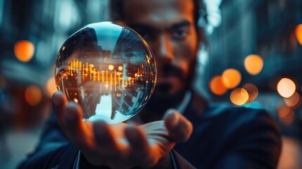 Poster - A businessman holding in his hand the hologram of an candlestick charts sphere, a blurred office background, concept symbolizes the use of artificial intelligence technology for stock market trading.