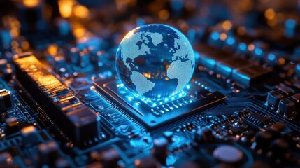 Poster - A glowing globe sits atop a microchip, symbolizing the fusion of technology and global connectivity.