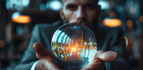Poster - A businessman holding in his hand the hologram of an candlestick charts sphere, a blurred office background, concept symbolizes the use of artificial intelligence technology for stock market trading.
