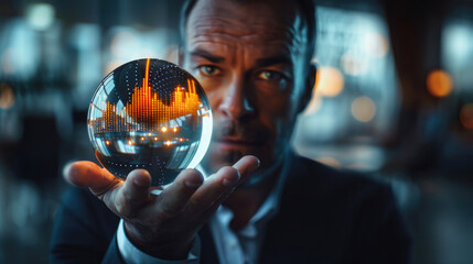Aufkleber - A businessman holding in his hand the hologram of an candlestick charts sphere, a blurred office background, concept symbolizes the use of artificial intelligence technology for stock market trading.