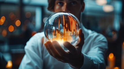 Poster - A businessman holding in his hand the hologram of an candlestick charts sphere, a blurred office background, concept symbolizes the use of artificial intelligence technology for stock market trading.