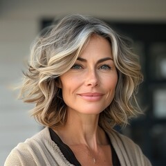 a pretty 50 year old woman with stacked bob with soft waves hairstyle, smiling.