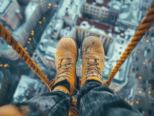 Perspective of person in yellow boots walking on tightrope over city, showcasing excitement and adventure at high altitudes.