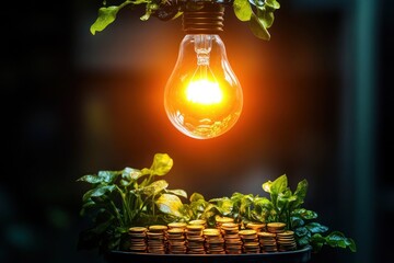 Wall Mural - A glowing light bulb hanging above an overflowing plant pot, with the soft glow illuminating a row of gold coins beneath it.