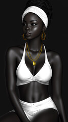 Wall Mural - A woman wearing a white bikini and gold earrings sits on a black background. Concept of confidence and beauty, as the woman is dressed in a fashionable and stylish outfit