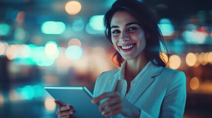 Poster - A smiling woman in a suit holds a tablet, surrounded by soft, colorful lights.