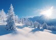 © Hameed - Beautiful winter landscape with snow-covered fir trees in the Alps mountains on a sunny day with sunlight and a blue sky background