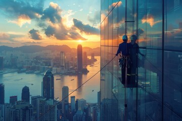 Skyscraper window cleaners at sunset, reflective glass building, urban city skyline, high-rise maintenance, breathtaking view, modern architecture