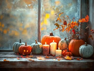 Wall Mural - Autumn still life with pumpkins and candles on wooden table indoors