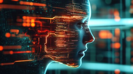Poster - A digital representation of a human head with circuit patterns, symbolizing technology and AI.