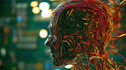 Poster - A digital representation of a human head with circuit patterns and wires, symbolizing technology.