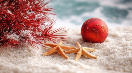 Red fir tree decoration ball and two starfishes on sandy beach Tropical christmas and New Year celebration