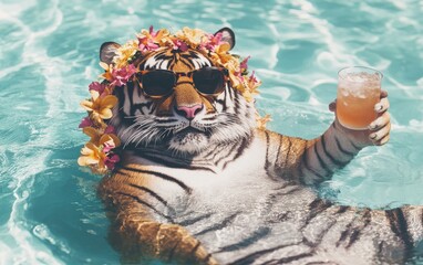 A creative and hipster-style tiger enjoying a summer vacation, floating in a pool with a Hawaiian flower wreath, sipping on a cocktail while wearing trendy sunglasses