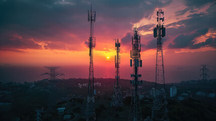 5G towers at sunset, Telecommunication tower, Global connection and internet network concept.