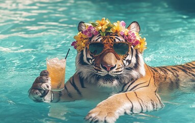 A creative animal concept featuring a stylish tiger lounging in a swimming pool, wearing a Hawaiian flower wreath and sunglasses, sipping on a cocktail. 