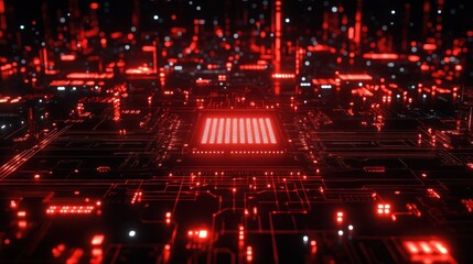 Poster - A futuristic digital landscape featuring glowing red circuits and components.
