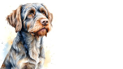 Wirehaired Pointing Griffon dog , captured in a serene watercolor portrait. Drawing. Art. Illustration. Copy Space. 2