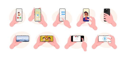 Poster - Hands Gestures Illustration Set: Diverse Individuals Engaging with Smartphones for Social Media, Messaging, Calls, Video, and Map Navigation. Vector.