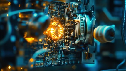 Poster - Close-up of a glowing circuit board showcasing electronic components and intricate wiring.
