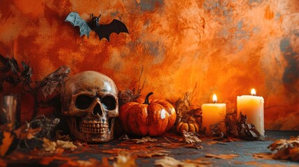 Wall Mural - Halloween decorations with candles skull and pumpkin on orange wall