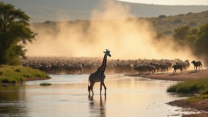 Wall Mural - a giraffe is standing in the water with other animals in the background.