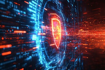 Fototapete - A glowing light barrier surrounding a futuristic system core, embodying the concept of secure and advanced technology