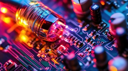 Poster - Close-up of a circuit board with glowing components and a fiber optic connector.