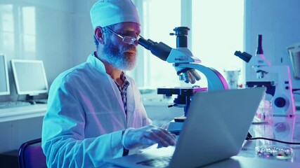 Wall Mural - research chemist analyzing samples in neon-lit laboratory in the evening