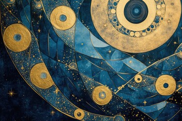 Wall Mural - A stunning abstract artwork featuring golden circles against a deep blue background, evoking cosmic themes and artistic expression.