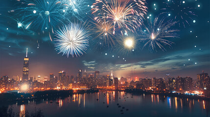 A city with fireworks at clean sky, at night.