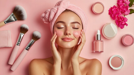 A serene woman applying a hydrating serum to her glowing skin, surrounded by makeup brushes, blush, and skincare essentials