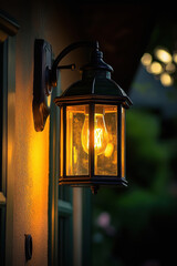 a solar wall lamp with flame effect is hung on the outer wall of an english house at night.