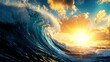© ธนากร บัวพรหม - Majestic ocean wave crashing under a vibrant sunset with colorful clouds.