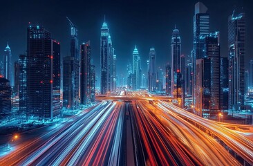 Poster - Photograph of a futuristic city skyline with skyscrapers at night