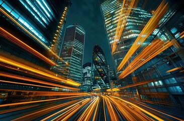 Poster - Photograph of a futuristic city skyline with skyscrapers at night