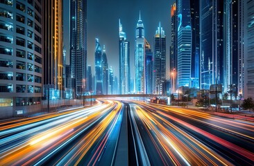 Poster - Photograph of a futuristic city skyline with skyscrapers at night